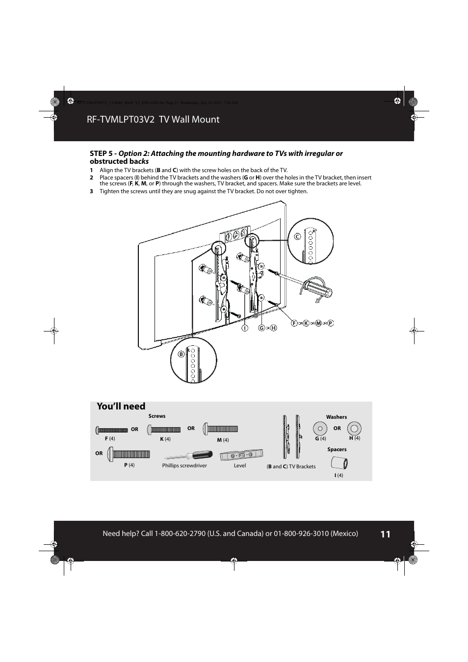 Rf-tvmlpt03v2 tv wall mount, You’ll need | RocketFish RF-TVMLPT03 - User Manual User Manual | Page 11 / 15