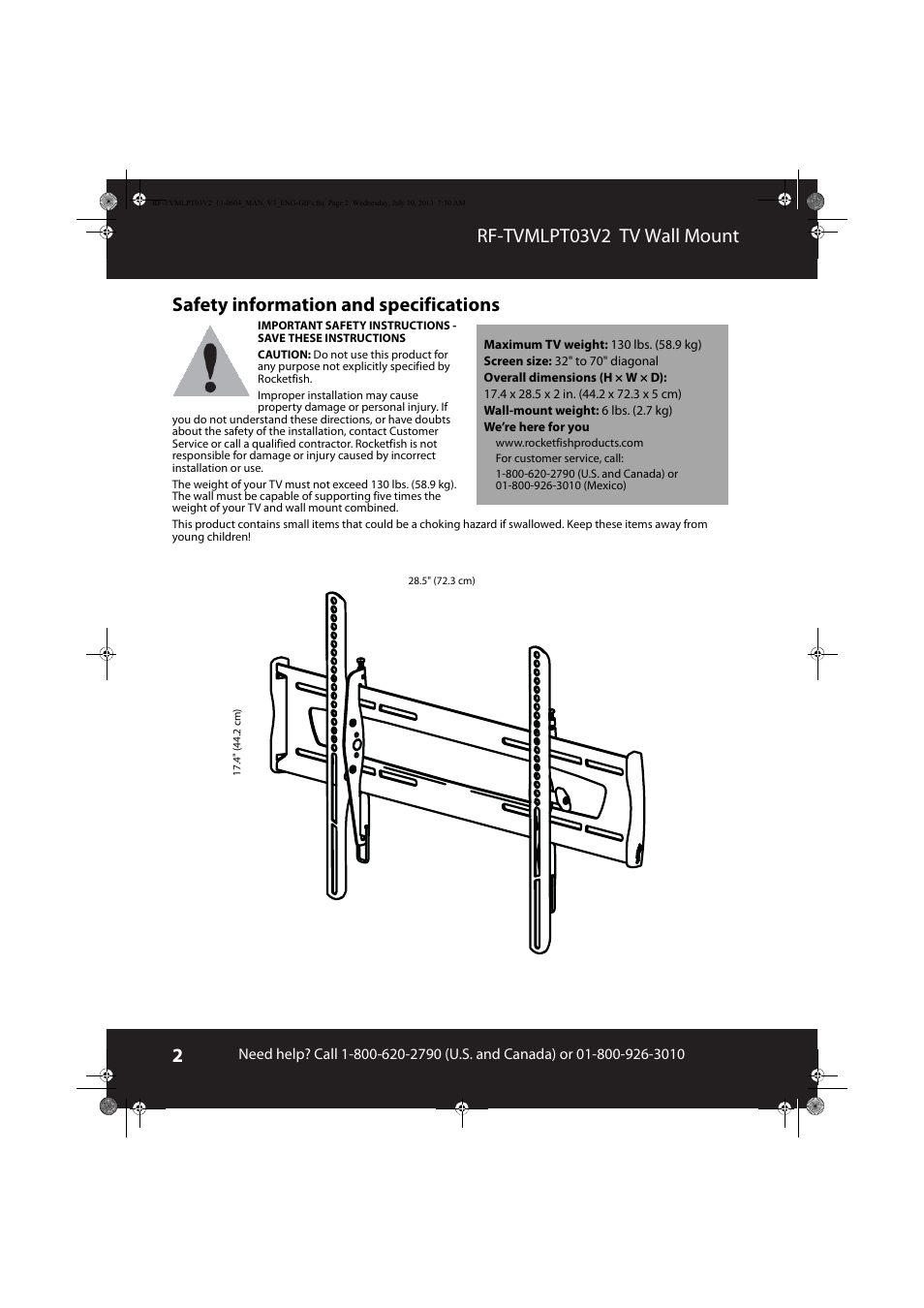 Safety information and specifications | RocketFish RF-TVMLPT03 - User Manual User Manual | Page 2 / 15