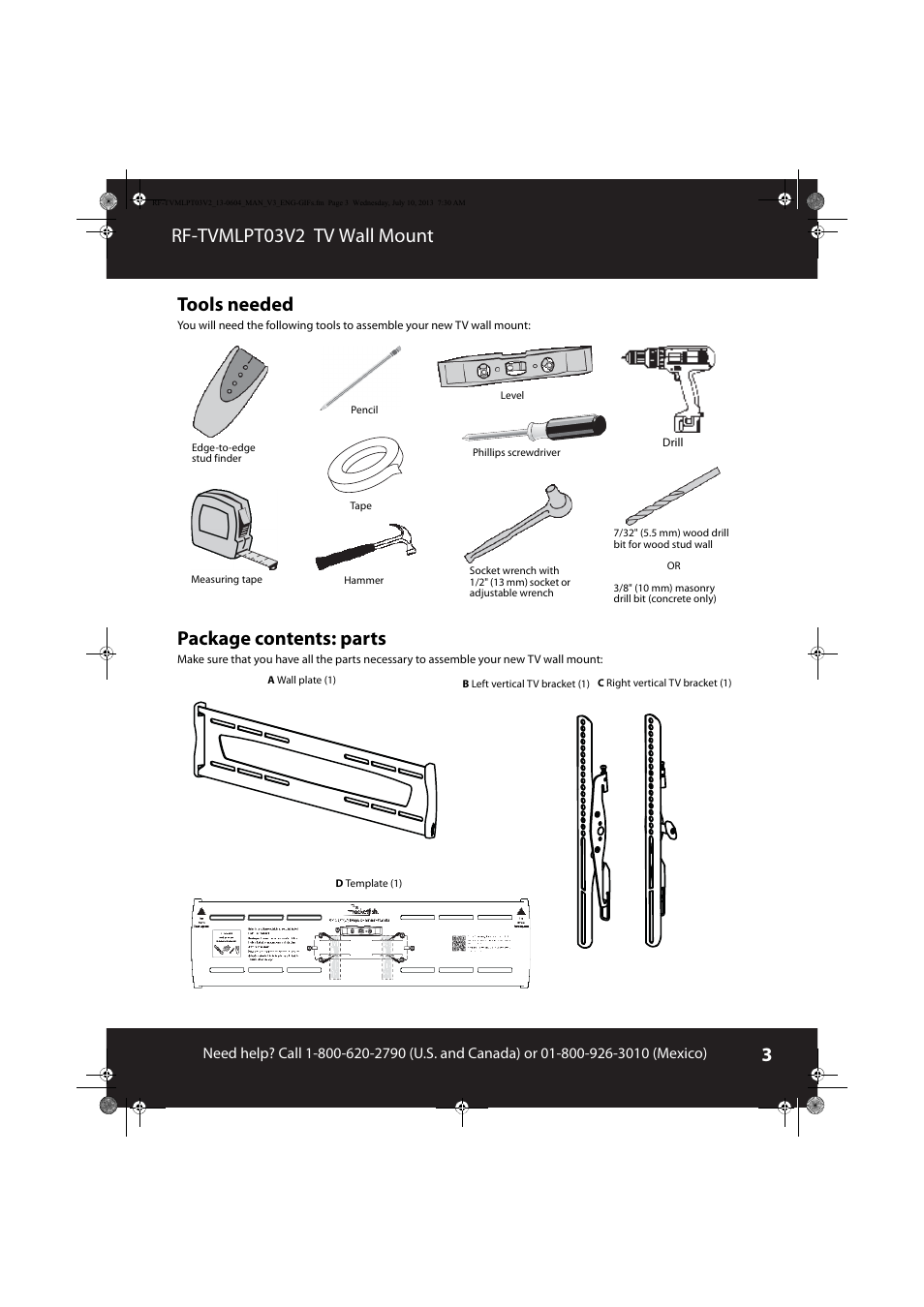 Tools needed, Package contents: parts, Rf-tvmlpt03v2 tv wall mount tools needed | RocketFish RF-TVMLPT03 - User Manual User Manual | Page 3 / 15