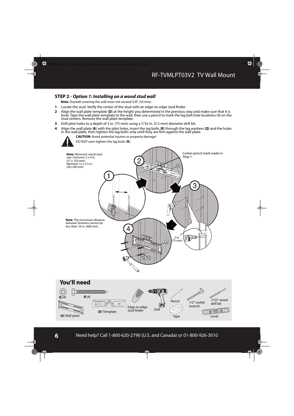 Rf-tvmlpt03v2 tv wall mount, You’ll need | RocketFish RF-TVMLPT03 - User Manual User Manual | Page 6 / 15