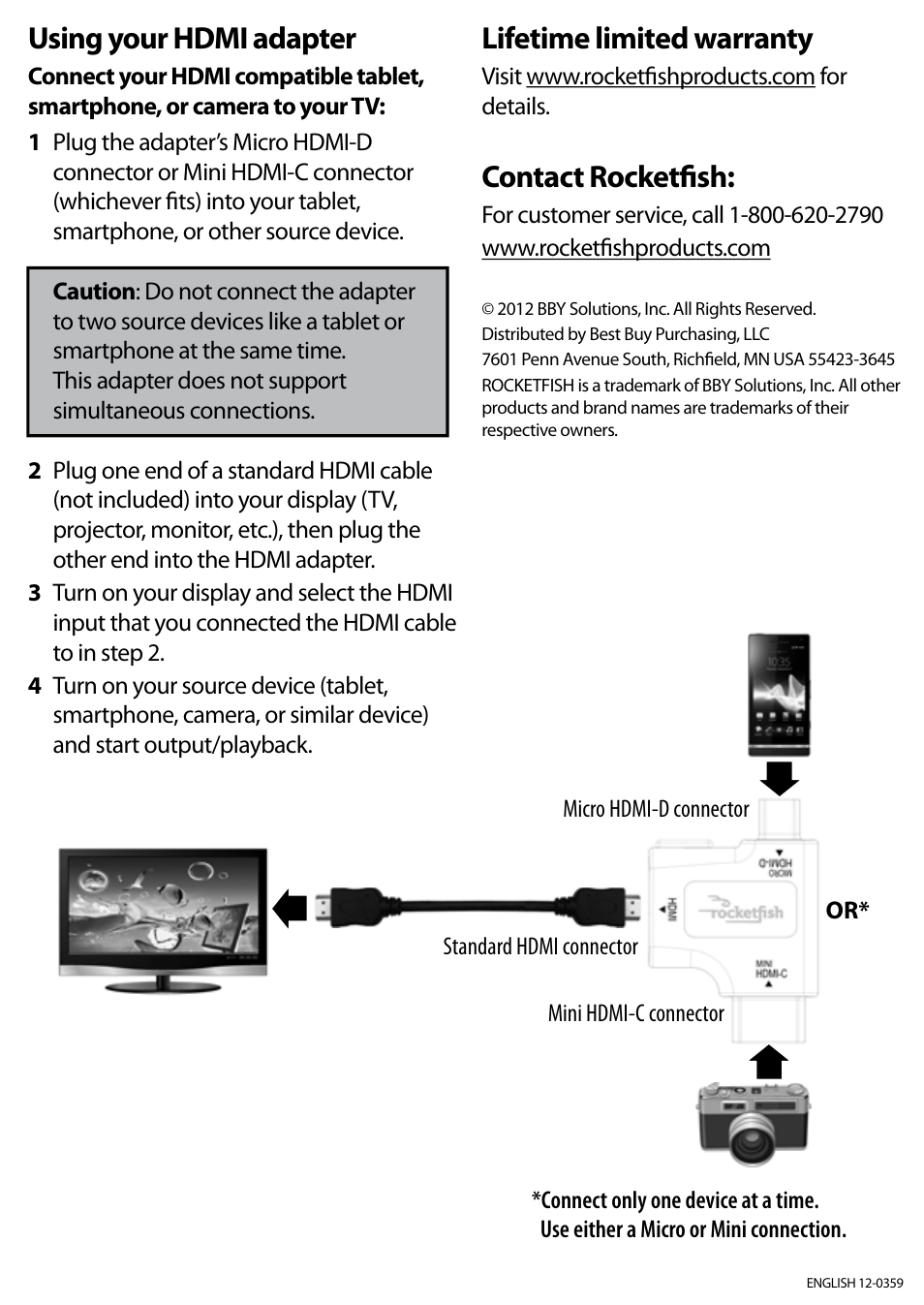 Using your hdmi adapter, Lifetime limited warranty, Contact rocketfish | RocketFish RF-G1175 - Quick Setup Guide User Manual | Page 2 / 2