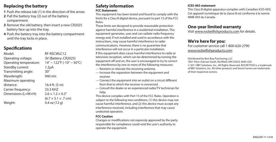 Safety information, Replacing the battery, Specifications | One-year limited warranty, We’re here for you | RocketFish RF-RSCWLC12 - Quick Setup Guide User Manual | Page 2 / 2