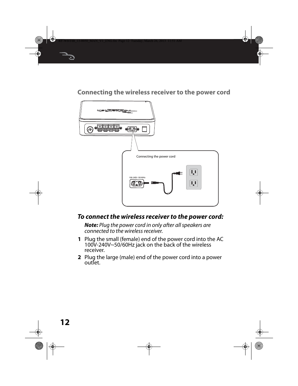 Connecting the wireless receiver to the power cord, To connect the wireless receiver to the power cord | RocketFish RF-WHTIB - User Manual User Manual | Page 12 / 24