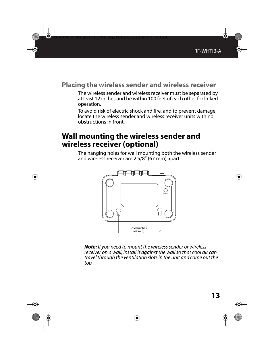 Placing the wireless sender and wireless receiver | RocketFish RF-WHTIB - User Manual User Manual | Page 13 / 24