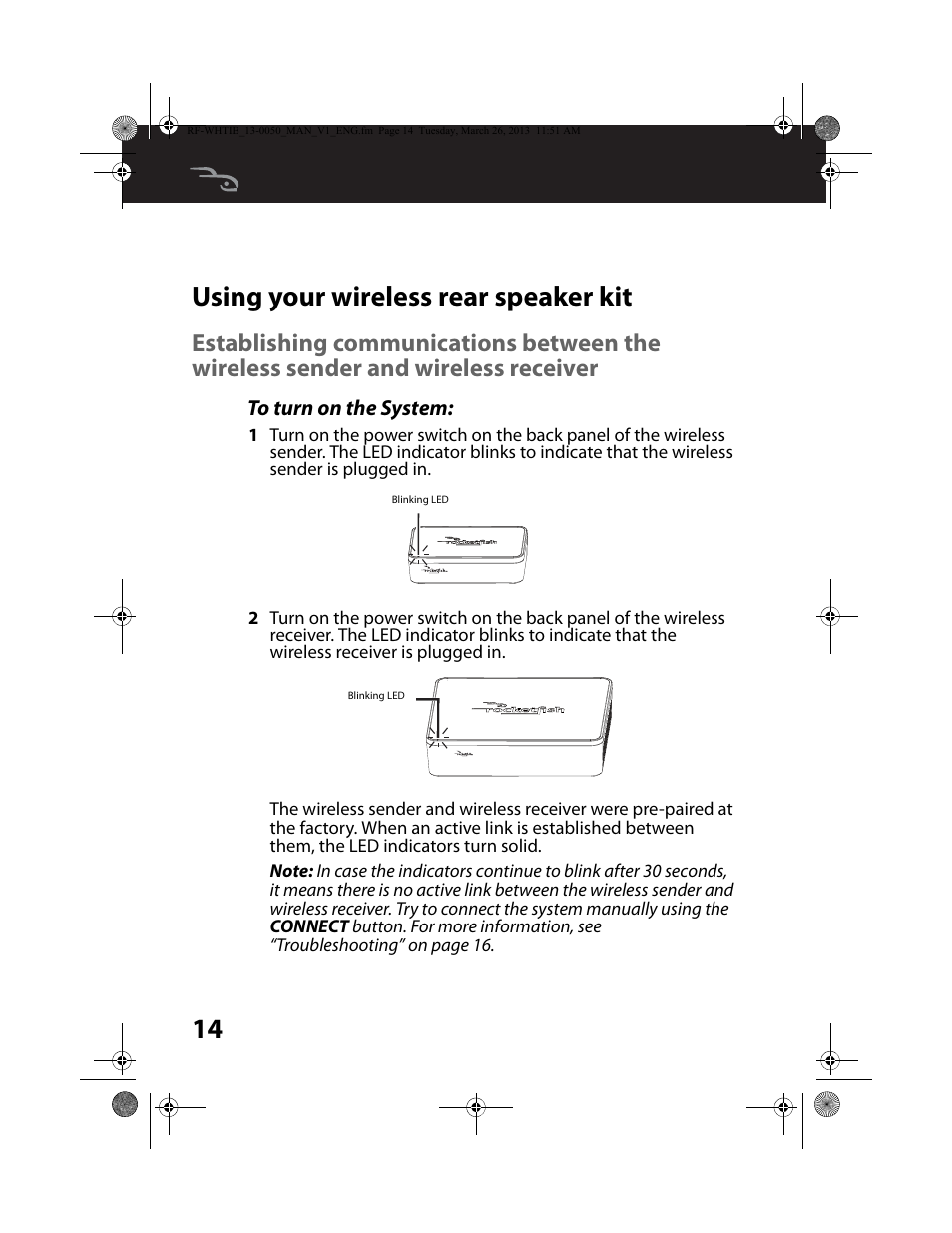 Using your wireless rear speaker kit, To turn on the system, 14 using your wireless rear speaker kit | RocketFish RF-WHTIB - User Manual User Manual | Page 14 / 24