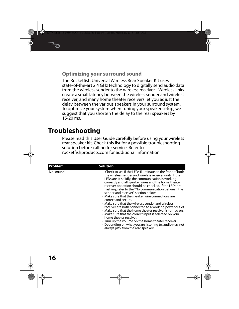 Optimizing your surround sound, Troubleshooting | RocketFish RF-WHTIB - User Manual User Manual | Page 16 / 24