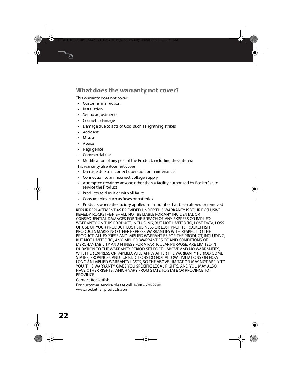 What does the warranty not cover | RocketFish RF-WHTIB - User Manual User Manual | Page 22 / 24