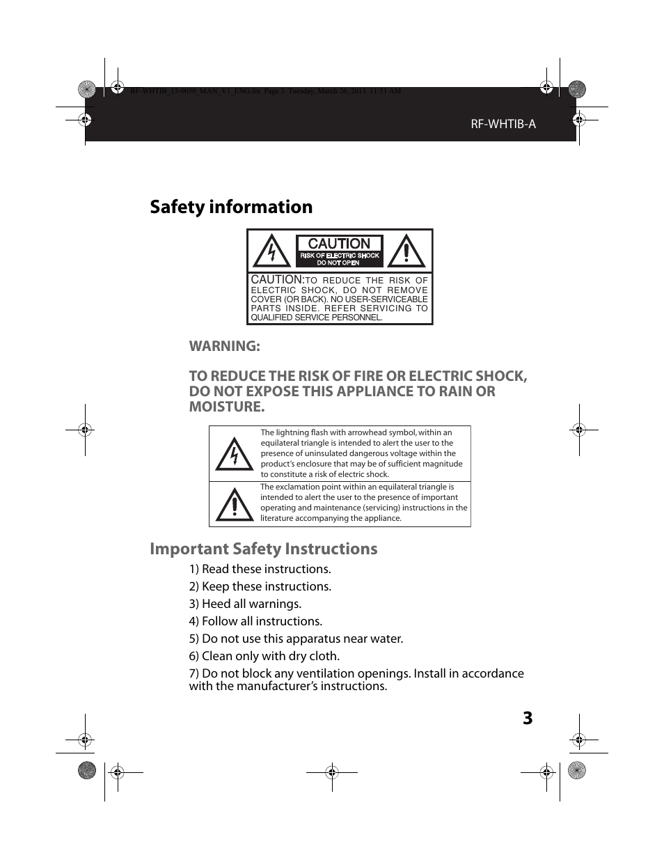 Safety information, Warning, Important safety instructions | RocketFish RF-WHTIB - User Manual User Manual | Page 3 / 24