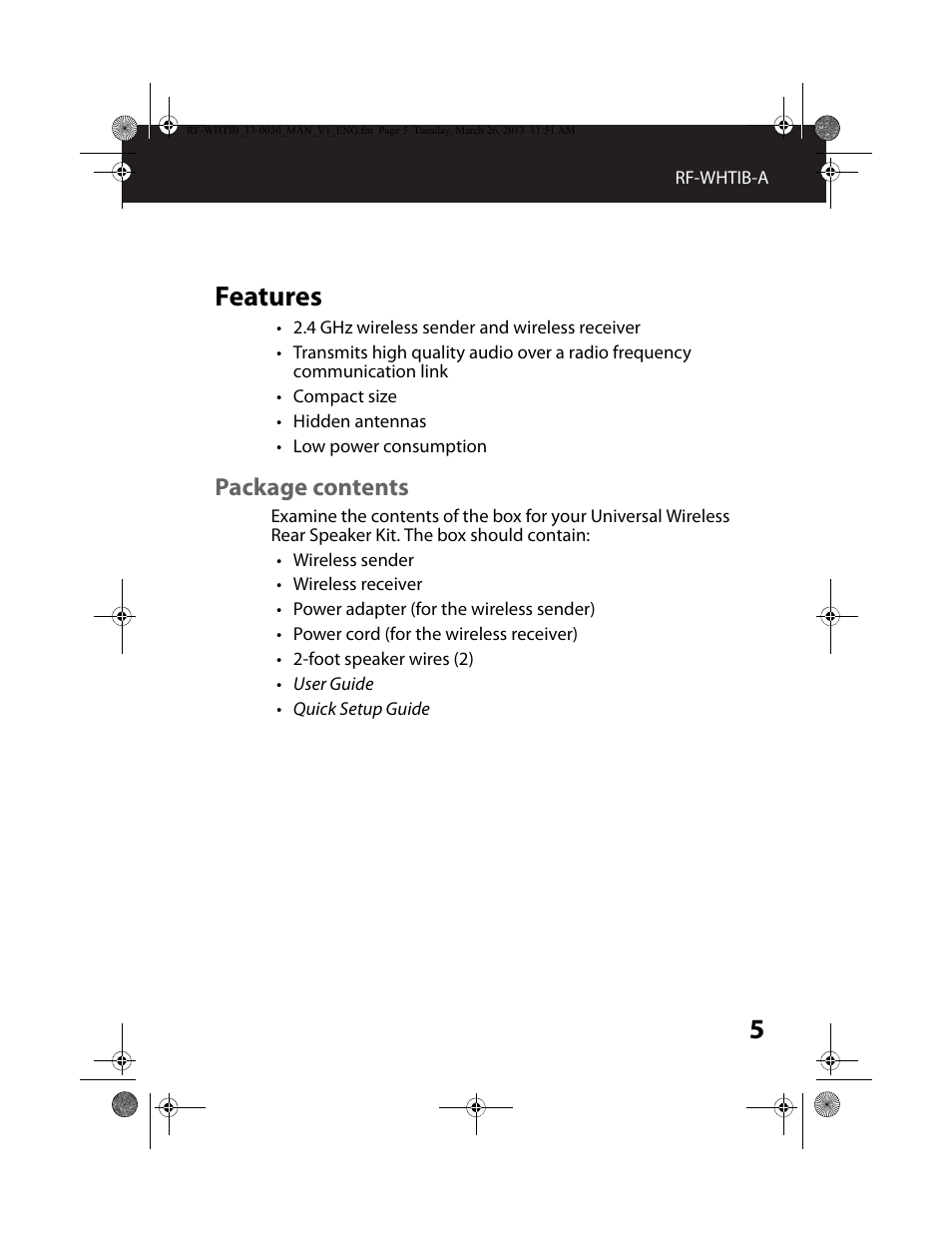 Features, Package contents | RocketFish RF-WHTIB - User Manual User Manual | Page 5 / 24