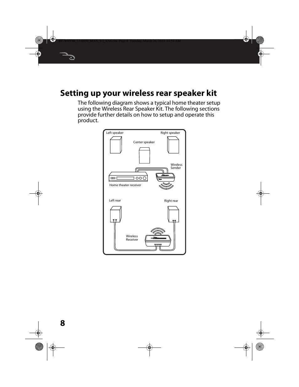 Setting up your wireless rear speaker kit, 8setting up your wireless rear speaker kit | RocketFish RF-WHTIB - User Manual User Manual | Page 8 / 24