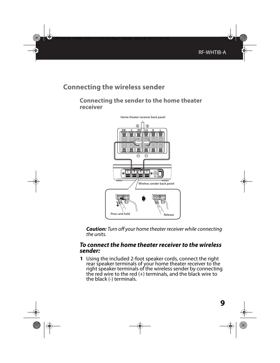 Connecting the wireless sender, Connecting the sender to the home theater receiver | RocketFish RF-WHTIB - User Manual User Manual | Page 9 / 24