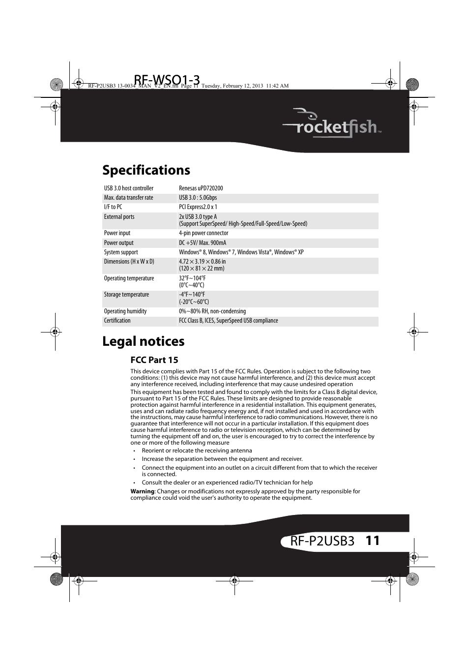 Specifications, Legal notices, Specifications legal notices | RocketFish RF-P2USB3 - User Manual User Manual | Page 11 / 15