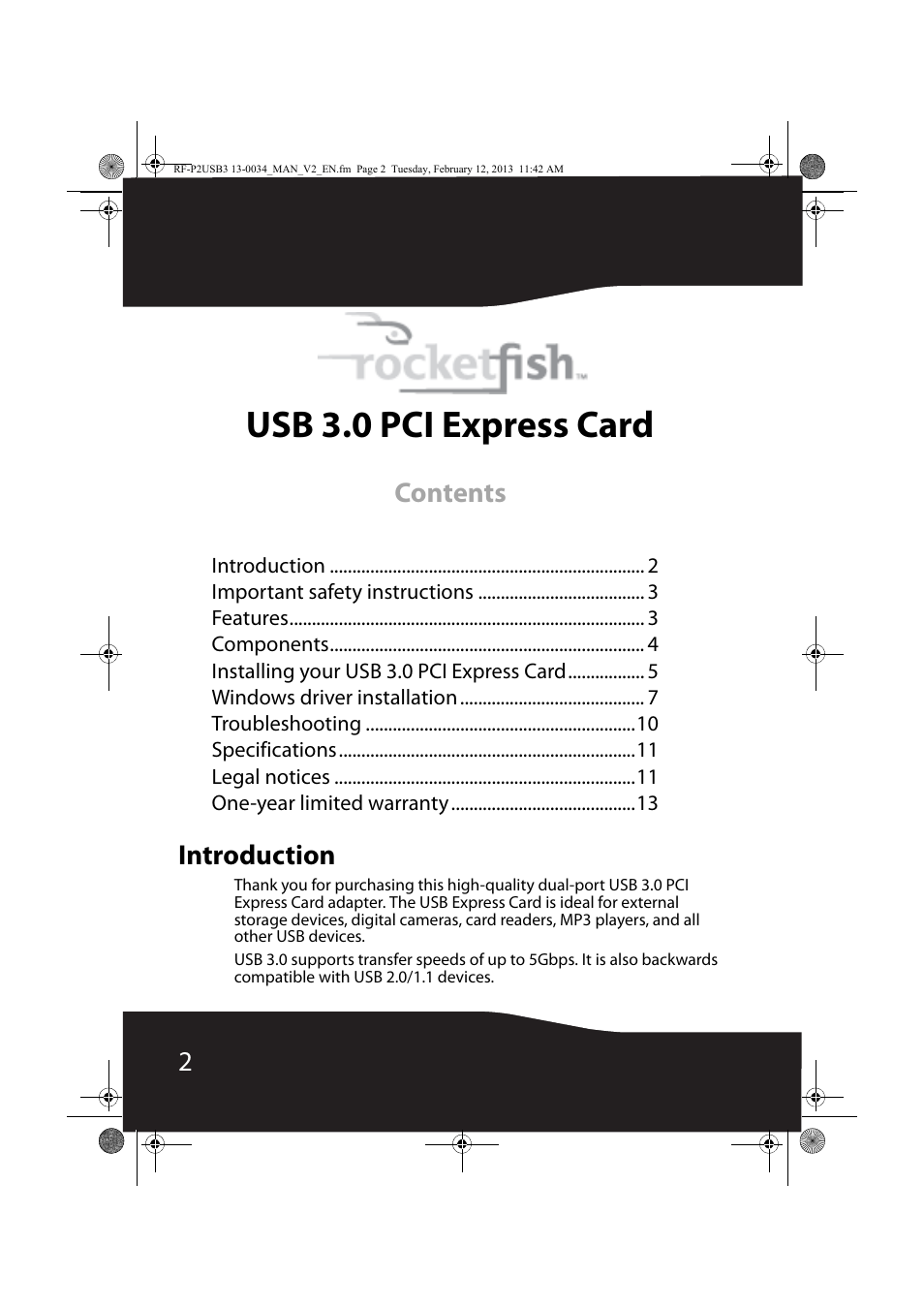 Introduction, Usb 3.0 pci express card | RocketFish RF-P2USB3 - User Manual User Manual | Page 2 / 15