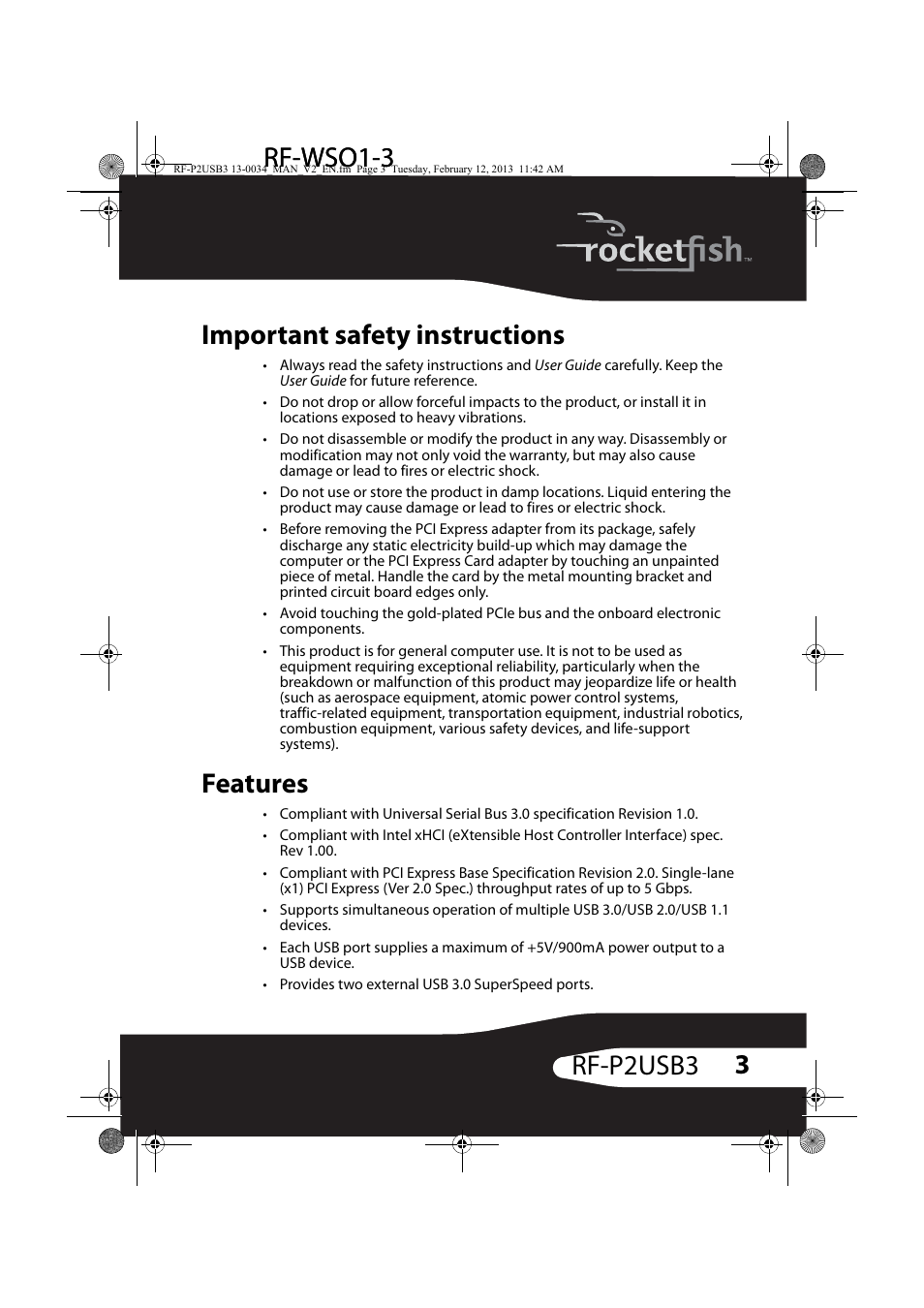 Important safety instructions, Features, Important safety instructions features | RocketFish RF-P2USB3 - User Manual User Manual | Page 3 / 15