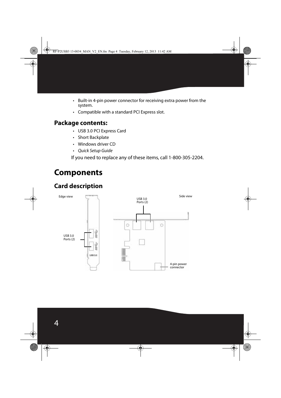 Package contents, Components, Card description | RocketFish RF-P2USB3 - User Manual User Manual | Page 4 / 15