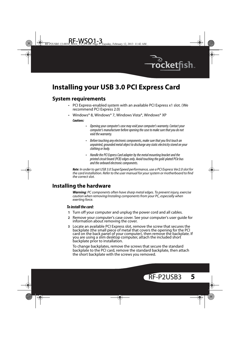 Installing your usb 3.0 pci express card, System requirements, Installing the hardware | RocketFish RF-P2USB3 - User Manual User Manual | Page 5 / 15