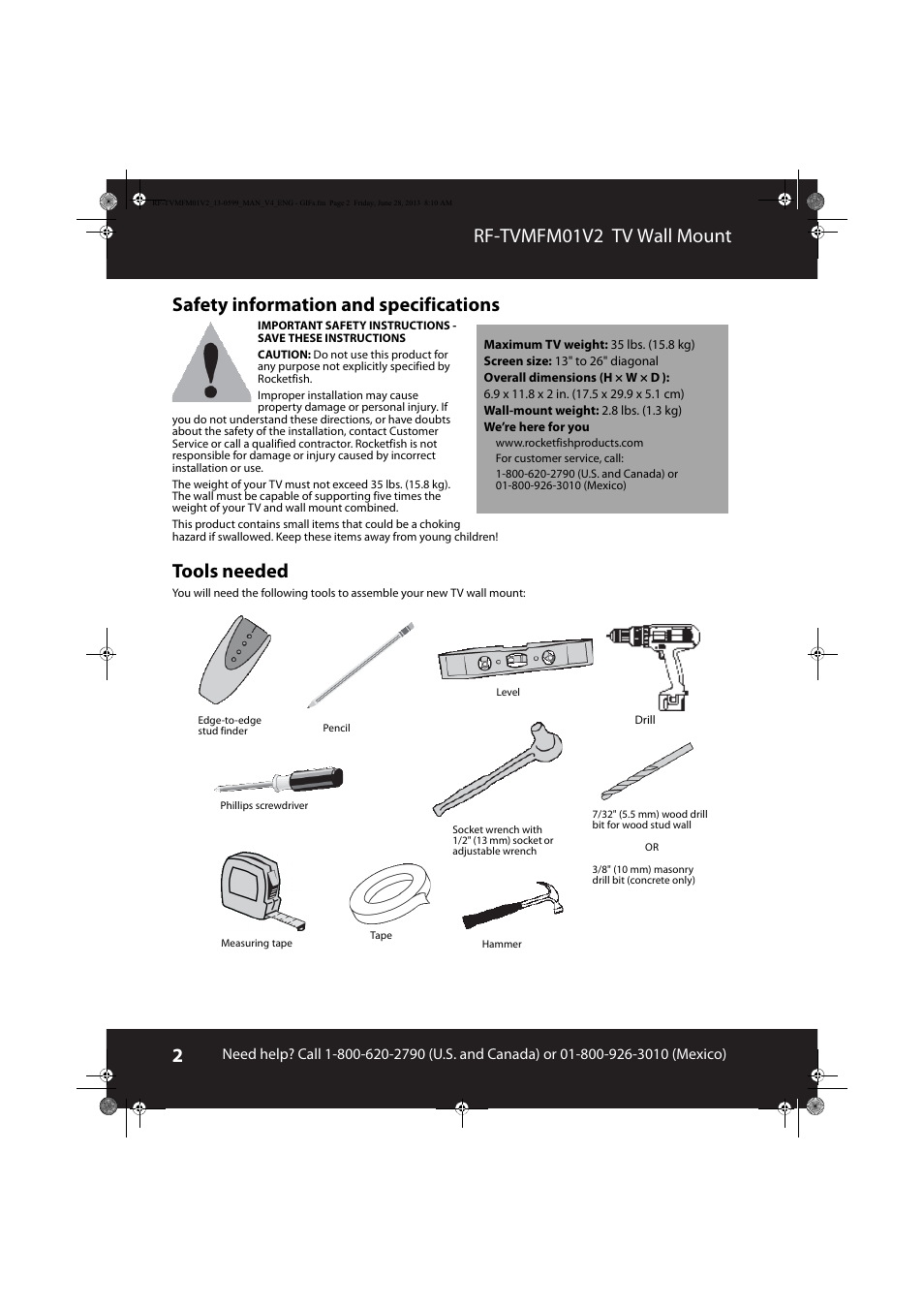 Safety information and specifications, Tools needed | RocketFish RF-TVMFM01 - User Manual User Manual | Page 2 / 13