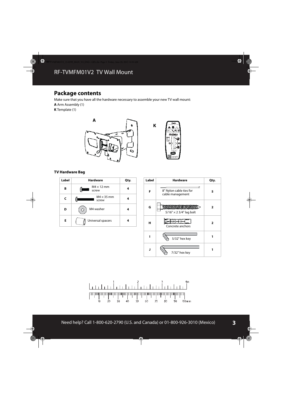 Package contents, Rf-tvmfm01v2 tv wall mount package contents | RocketFish RF-TVMFM01 - User Manual User Manual | Page 3 / 13