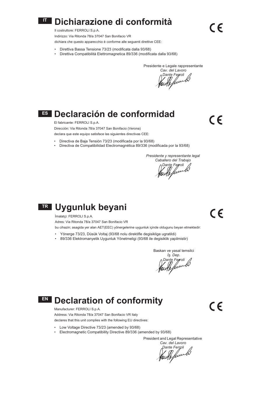 Dichiarazione di conformità, Declaración de conformidad, Uygunluk beyani | Declaration of conformity | FERROLI GFG User Manual | Page 6 / 8