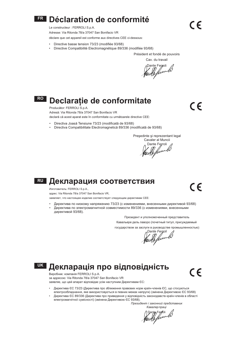Déclaration de conformité, Declaratie de conformitate, Декларация соответствия | Дeклapaцiя про bìanobìahìctb | FERROLI GFG User Manual | Page 7 / 8