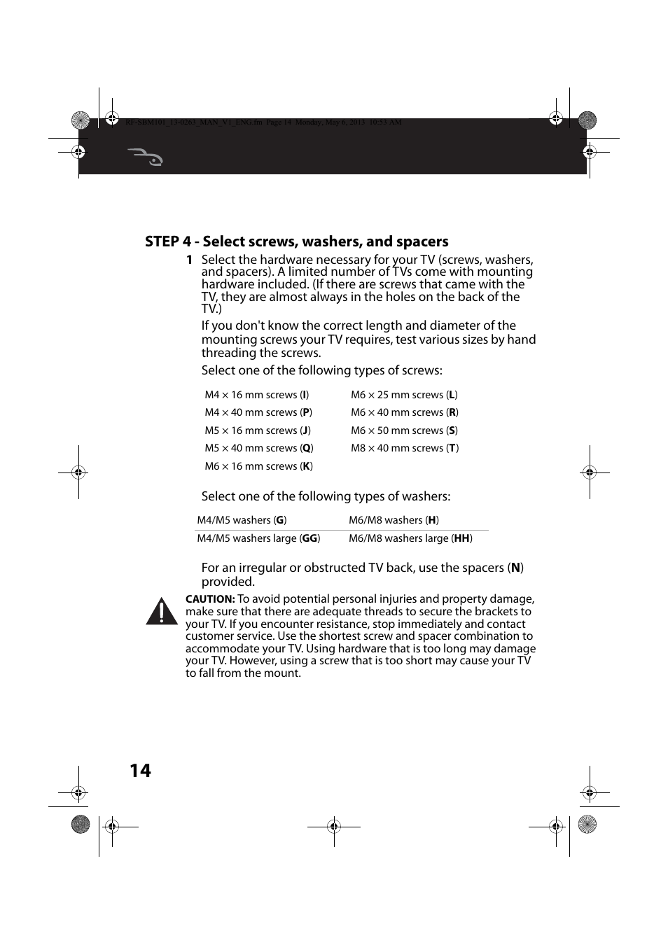 Step 4 - select screws, washers, and spacers | RocketFish RF-SBM101 - User Manual User Manual | Page 14 / 25