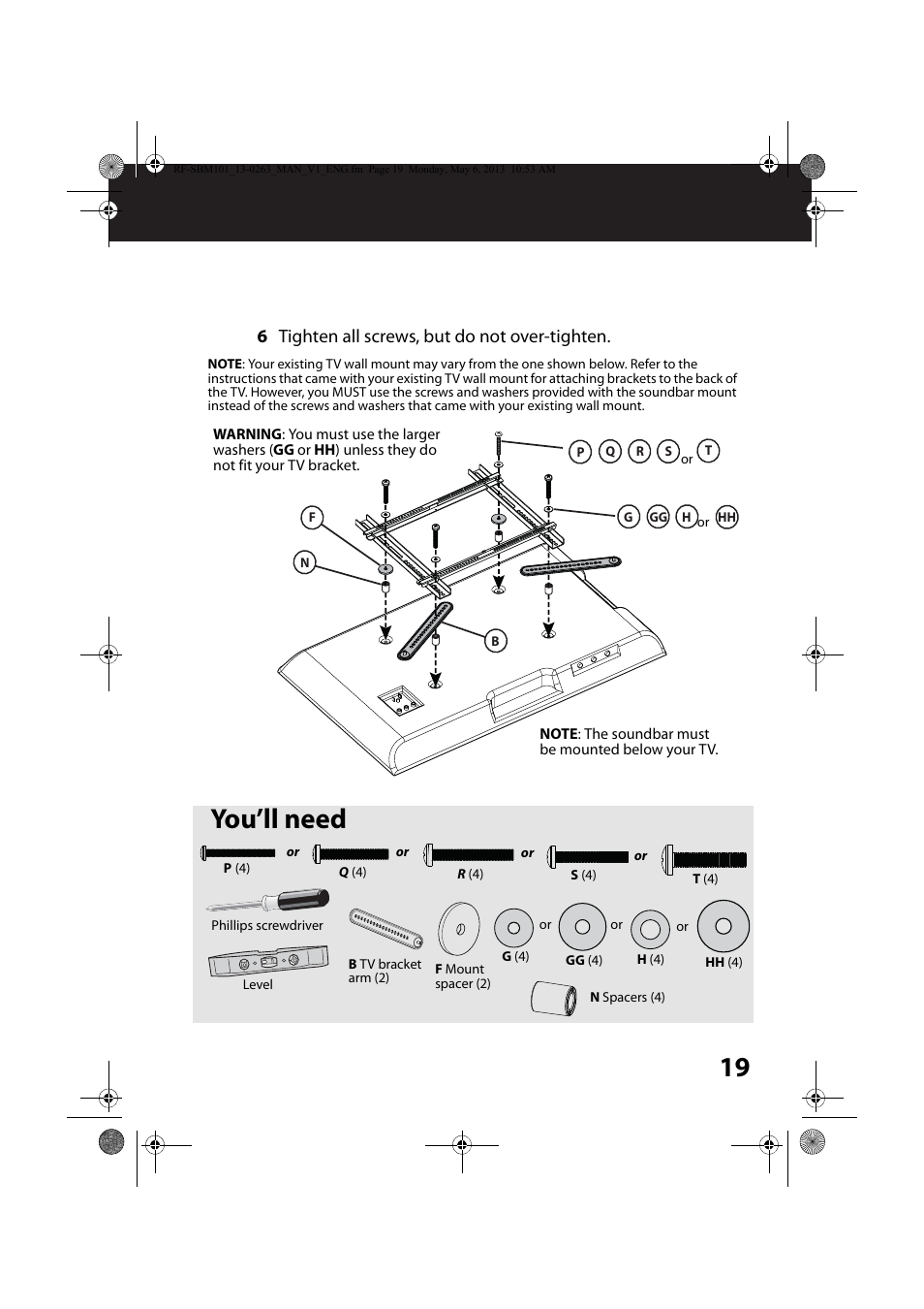 You’ll need, 6 tighten all screws, but do not over-tighten | RocketFish RF-SBM101 - User Manual User Manual | Page 19 / 25