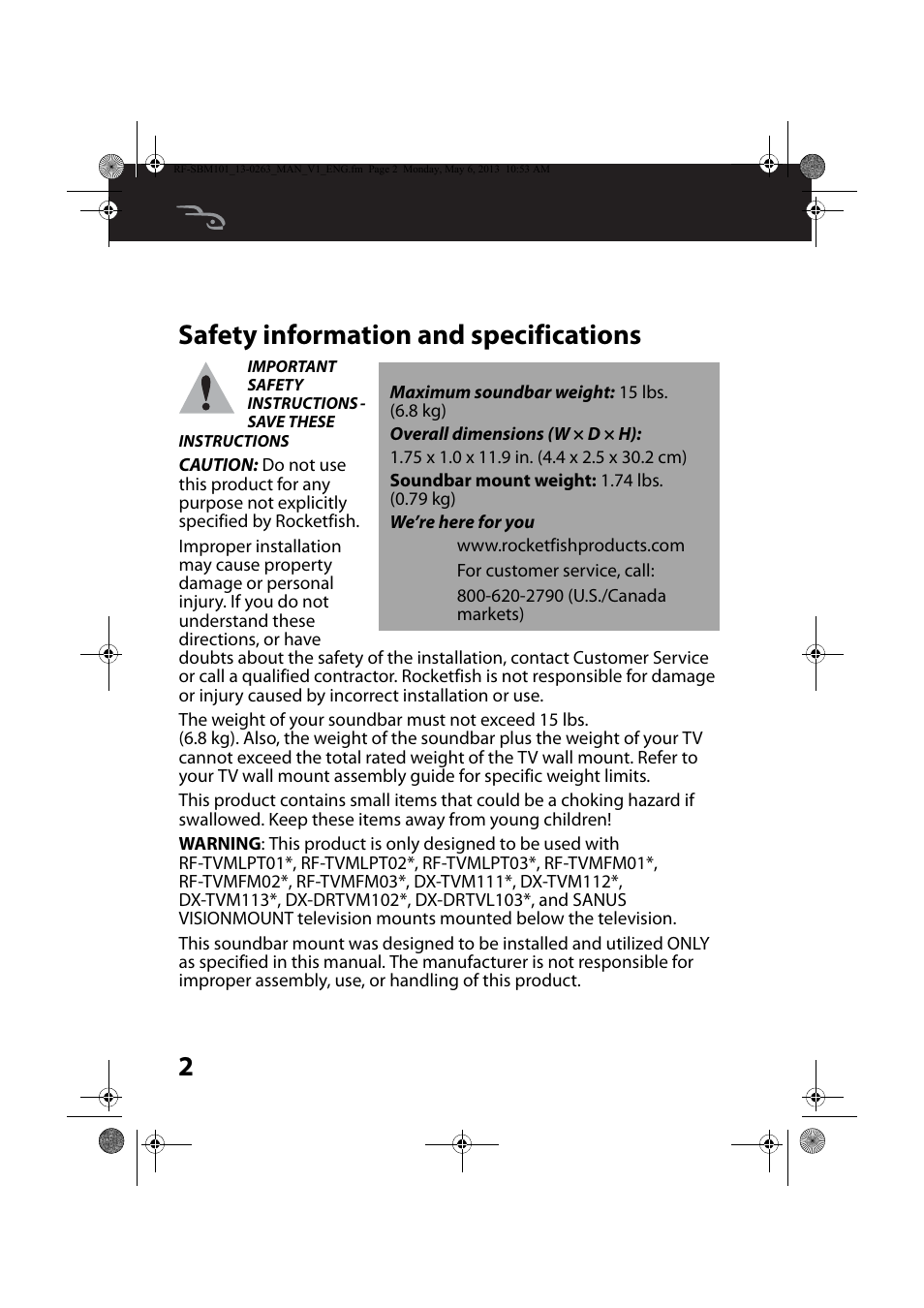 Safety information and specifications, Safety information and specifi, 2safety information and specifications | RocketFish RF-SBM101 - User Manual User Manual | Page 2 / 25