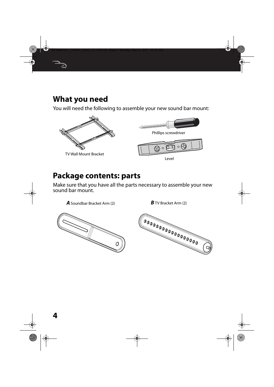 What you need, Package contents: parts, What you need4 package contents: parts4 | What you need package contents: parts, 4what you need | RocketFish RF-SBM101 - User Manual User Manual | Page 4 / 25