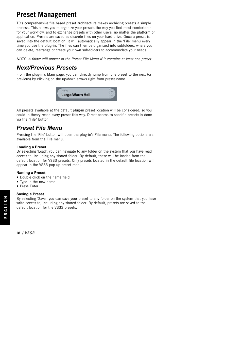 Preset management, Next/previous presets, Preset file menu | TC Electronic VSS3 TDM User Manual | Page 18 / 22