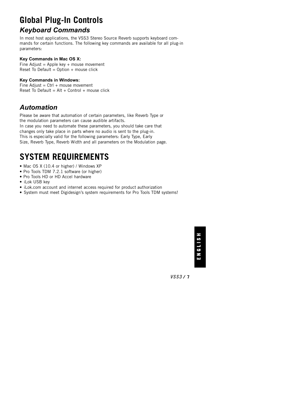 Global plug-in controls, System requirements, Keyboard commands | Automation | TC Electronic VSS3 TDM User Manual | Page 7 / 22