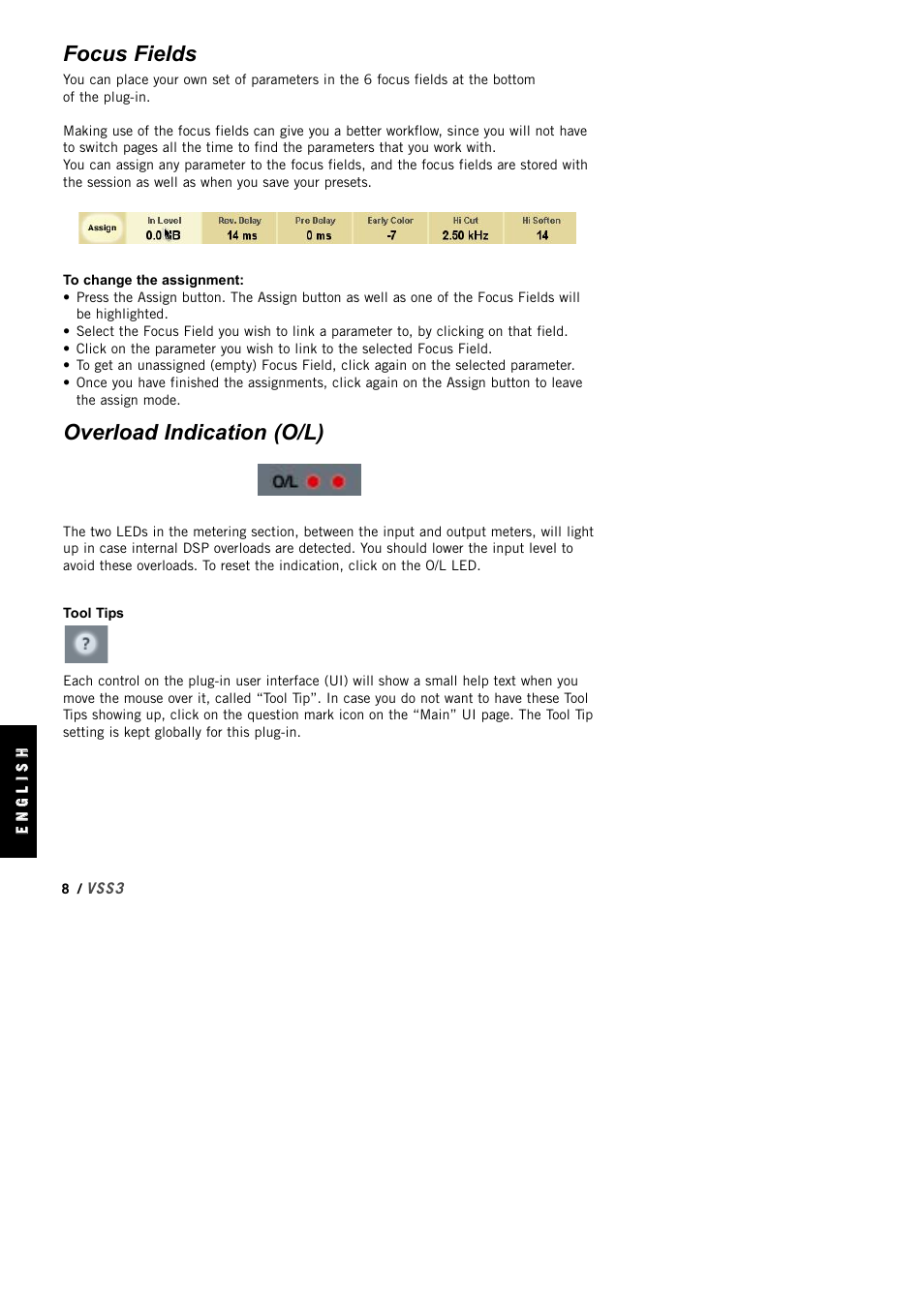 Focus fields, Overload indication (o/l) | TC Electronic VSS3 TDM User Manual | Page 8 / 22