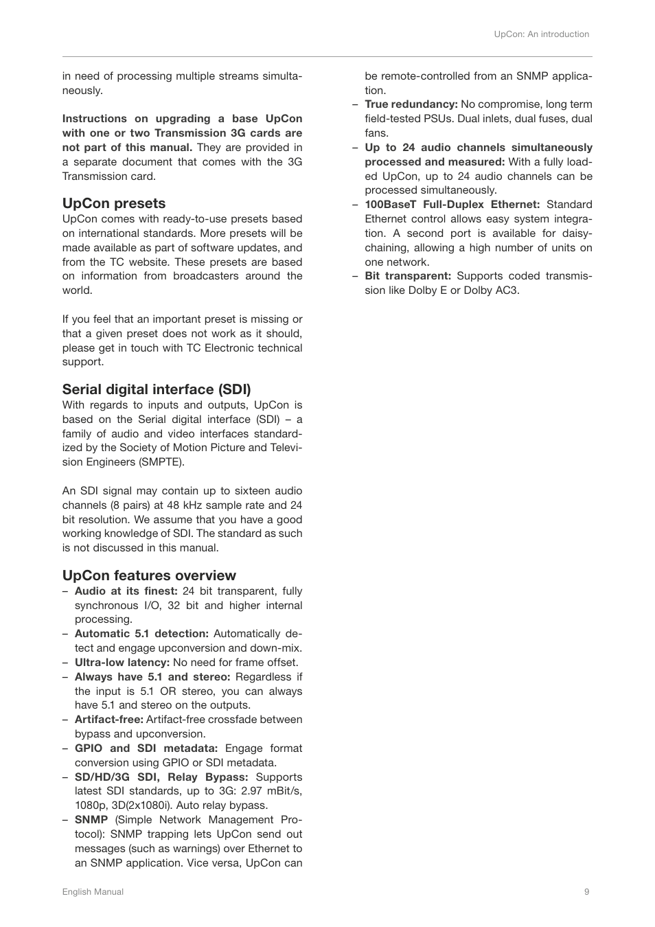 Upcon presets, Serial digital interface (sdi), Upcon features overview | TC Electronic UpCon User Manual | Page 13 / 48