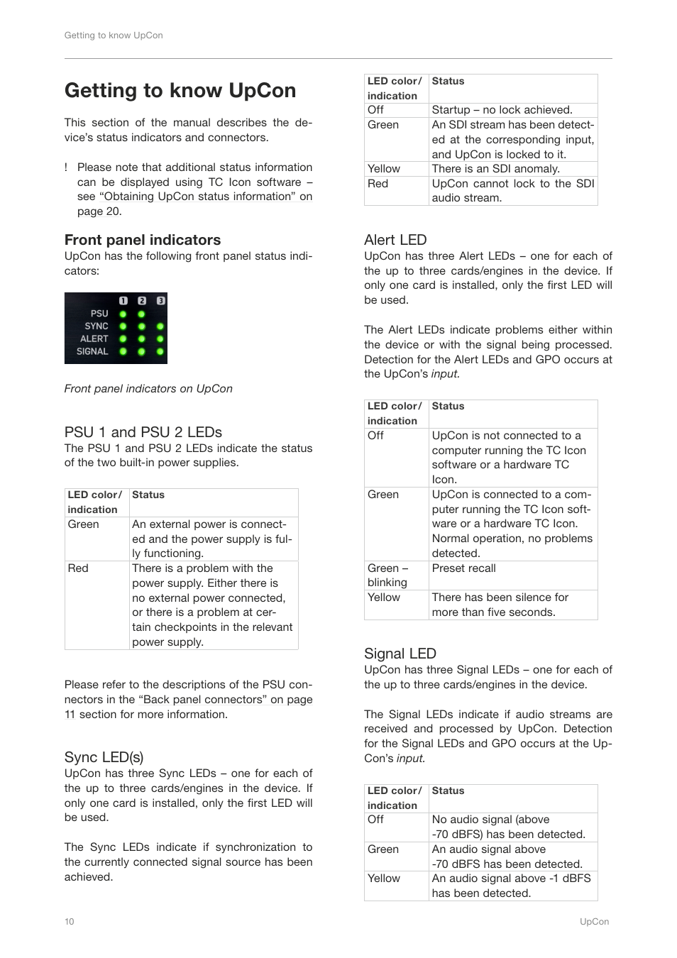 Getting to know upcon, Front panel indicators, Psu 1 and psu 2 leds | Sync led(s), Alert led, Signal led | TC Electronic UpCon User Manual | Page 14 / 48