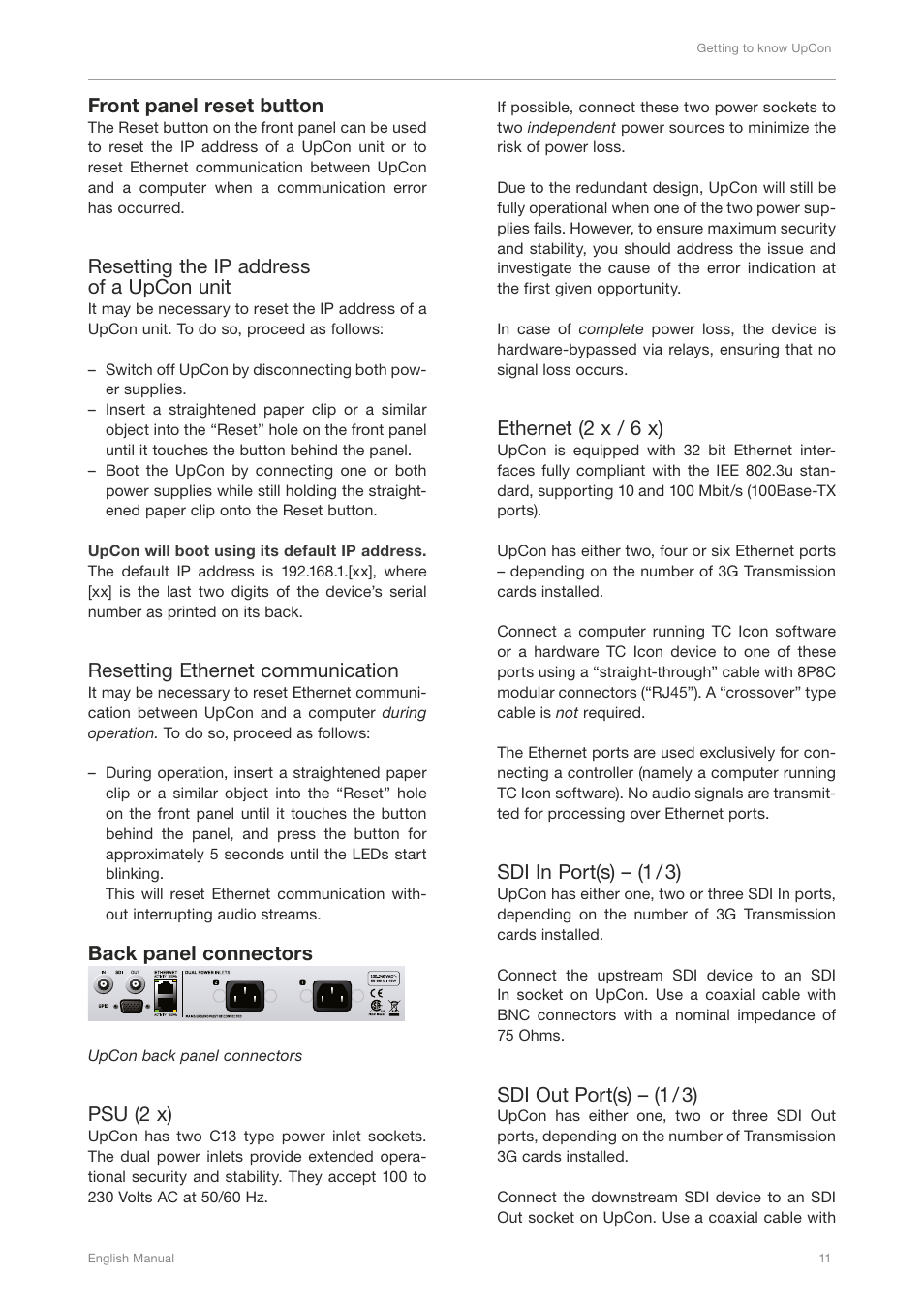 Front panel reset button, Back panel connectors | TC Electronic UpCon User Manual | Page 15 / 48