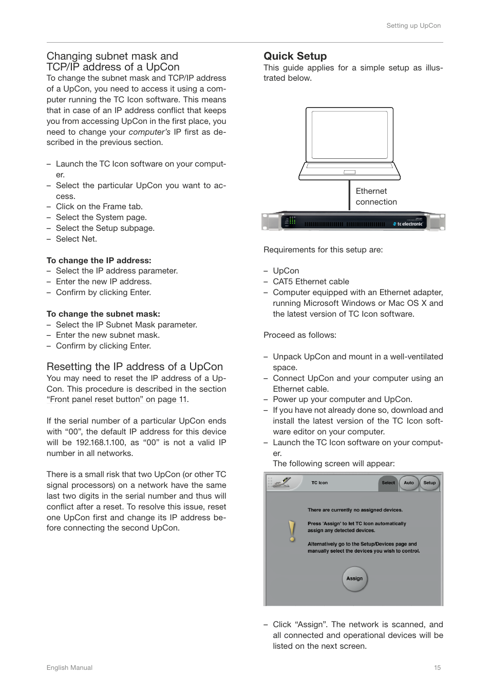 Quick setup, Changing subnet mask and tcp/ip address of a upcon, Resetting the ip address of a upcon | TC Electronic UpCon User Manual | Page 19 / 48