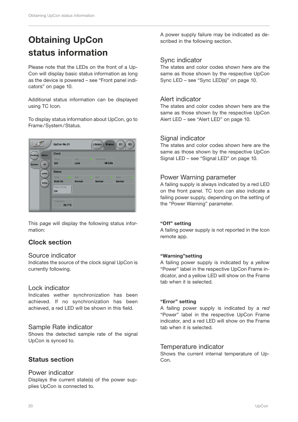 Obtaining upcon status information, Clock section, Status section | TC Electronic UpCon User Manual | Page 24 / 48