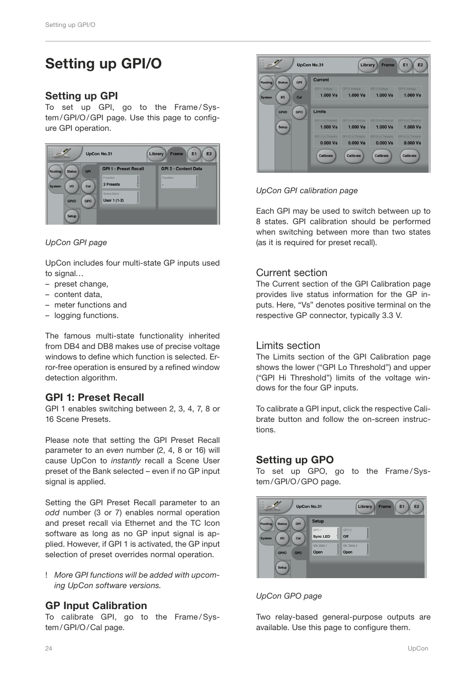Setting up gpi/o, Setting up gpi, Gpi 1: preset recall | Gp input calibration, Setting up gpo | TC Electronic UpCon User Manual | Page 28 / 48