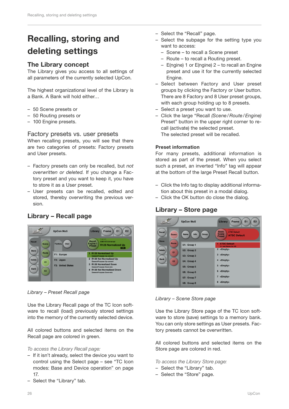 Recalling, storing and deleting settings, The library concept, Factory presets vs. user presets | Library – recall page, Library – store page | TC Electronic UpCon User Manual | Page 30 / 48