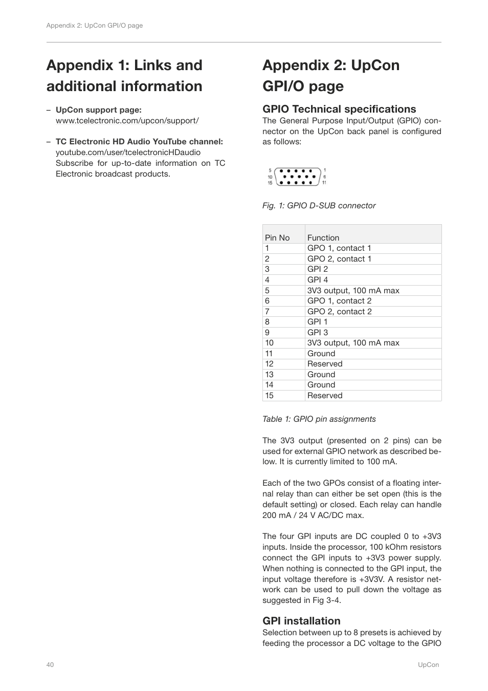 Appendix 1: links and additional information, Gpio technical specifications, Gpi installation | Appendix 2: upcon gpi/o page | TC Electronic UpCon User Manual | Page 44 / 48