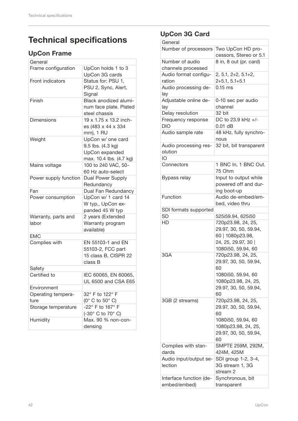Technical specifications, Upcon frame, Upcon 3g card | TC Electronic UpCon User Manual | Page 46 / 48