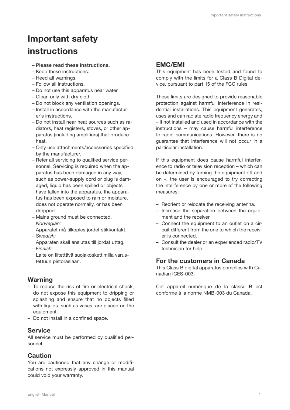 Important safety instructions, Warning, Service | Caution, Emc/emi, For the customers in canada | TC Electronic UpCon User Manual | Page 5 / 48
