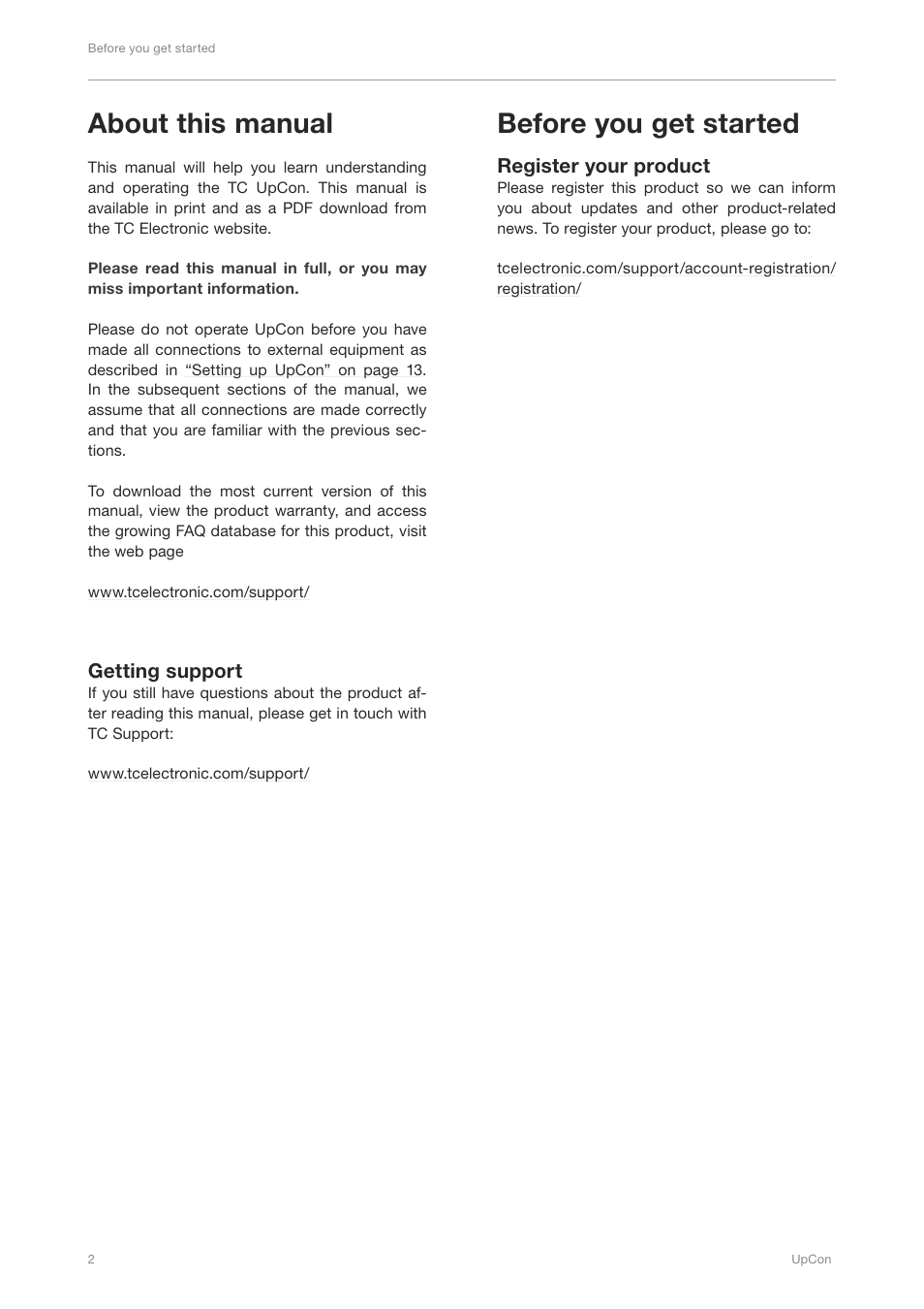 About this manual, Getting support, Before you get started | Register your product, Stay up-to-date on loudness | TC Electronic UpCon User Manual | Page 6 / 48