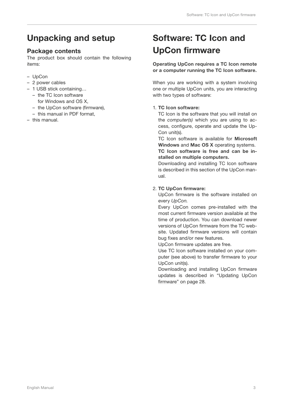 Unpacking and setup, Package contents, Software: tc icon and upcon firmware | TC Electronic UpCon User Manual | Page 7 / 48