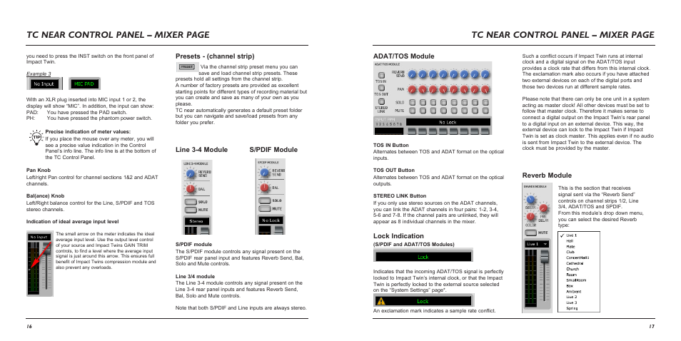 Tc near control panel – mixer page, Line 3-4 module s/pdif module adat/tos module, Lock indication | Reverb module presets - (channel strip) | TC Electronic Impact Twin User Manual | Page 10 / 24