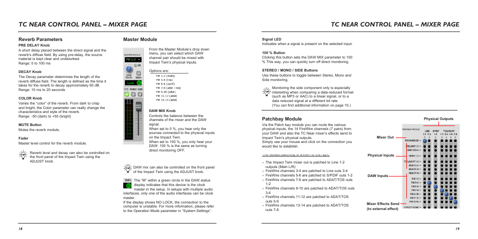 Tc near control panel – mixer page, Master module reverb parameters, Patchbay module | TC Electronic Impact Twin User Manual | Page 11 / 24