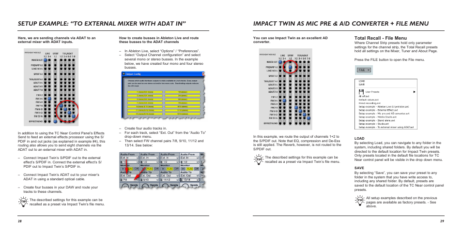 Impact twin as mic pre & a/d converter + file menu, Setup example: “to external mixer with adat in, Total recall - file menu | TC Electronic Impact Twin User Manual | Page 16 / 24