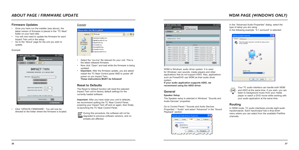 About page / firmware update, Wdm page (windows only), General | Routing, Firmware updates, Reset to defaults | TC Electronic Impact Twin User Manual | Page 20 / 24