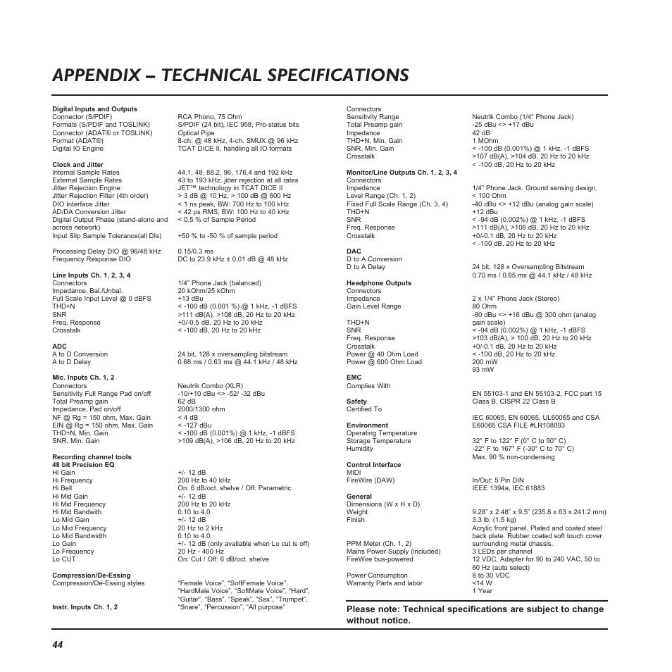 Appendix – technical specifications | TC Electronic Impact Twin User Manual | Page 24 / 24