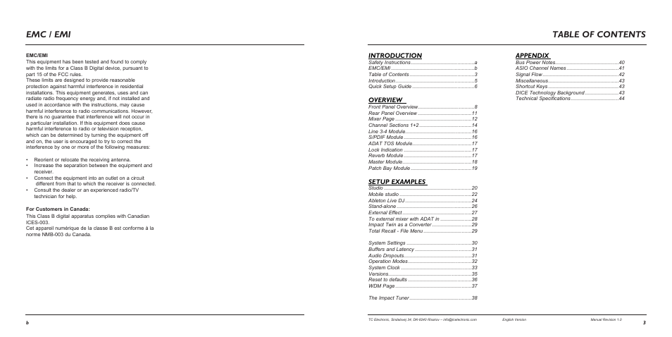 Emc / emi table of contents, Introduction, Overview | Setup examples, Appendix | TC Electronic Impact Twin User Manual | Page 3 / 24