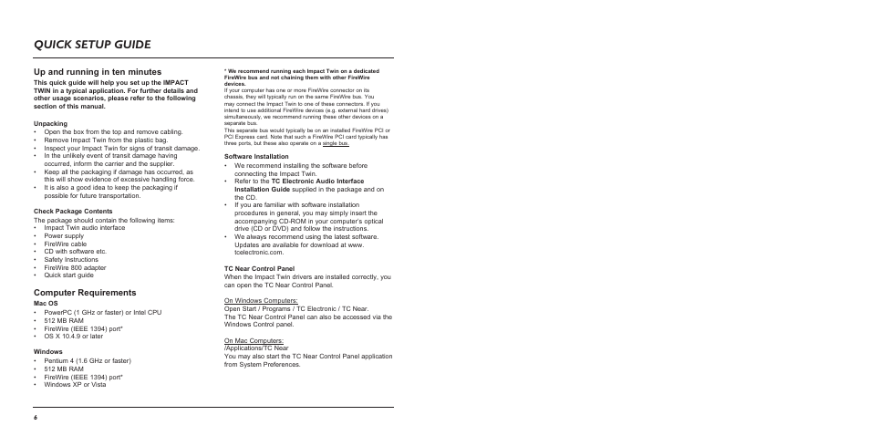 Page head, Quick setup guide, Up and running in ten minutes | Computer requirements | TC Electronic Impact Twin User Manual | Page 5 / 24